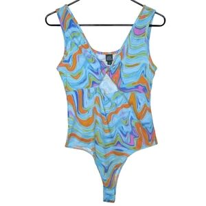 Wild Fable Light Blue Multicolor Hippie Boho Bodysuit w/ Keyhole Opening Medium